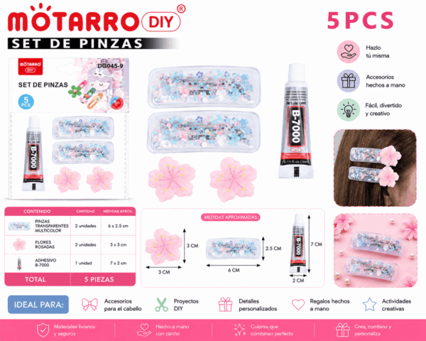 Set DIY de Pinzas Transparentes con Flores Rosadas – 5 Piezas Set DIY de 5 piezas con 2 pinzas transparentes con detalles multicolor, 2 flores rosadas y 1 adhesivo para accesorios y manualidades.
