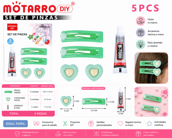Set DIY de Pinzas Verdes con Corazones Pastel – 5 Piezas Set DIY de 5 piezas con 2 pinzas verdes, 2 corazones decorativos en tonos pastel y 1 adhesivo para crear accesorios para el cabello.