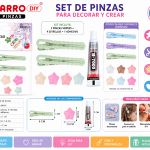 Set DIY de Pinzas Verdes con Estrellas Pastel – 7 Piezas Set DIY de 7 piezas con 2 pinzas verdes, 4 estrellas decorativas en tonos pastel y 1 adhesivo para crear accesorios y manualidades.