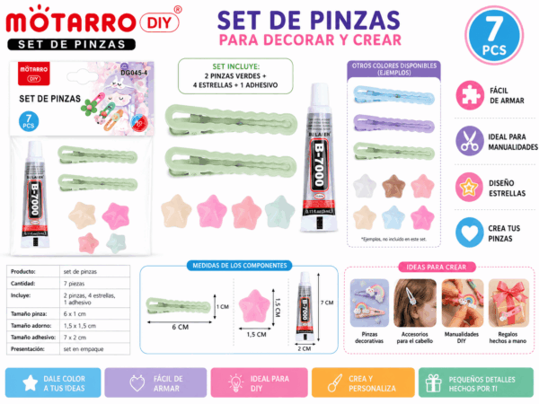 Set DIY de Pinzas Verdes con Estrellas Pastel – 7 Piezas Set DIY de 7 piezas con 2 pinzas verdes, 4 estrellas decorativas en tonos pastel y 1 adhesivo para crear accesorios y manualidades.