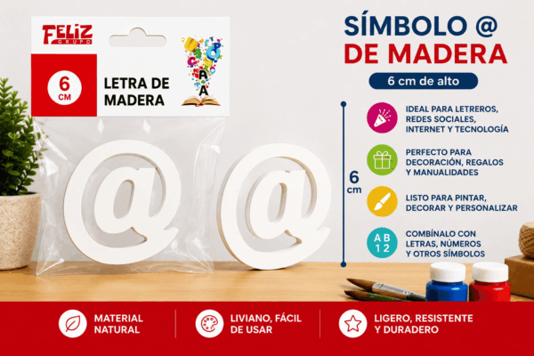 Símbolo @ de Madera 6 cm para Manualidades y Decoración Símbolo @ de madera de 6 cm para manualidades, decoración, letreros, redes sociales y proyectos personalizados