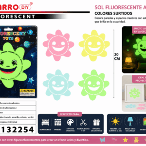 Sol Fluorescente Adhesivo con Cara Sonriente 20 cm – Colores Surtidos Sol fluorescente adhesivo con cara sonriente de aproximadamente 20 cm, disponible en colores surtidos para decorar paredes y dormitorios.