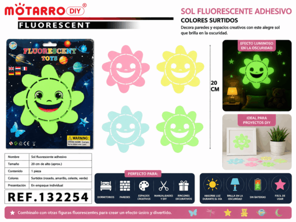 Sol Fluorescente Adhesivo con Cara Sonriente 20 cm – Colores Surtidos Sol fluorescente adhesivo con cara sonriente de aproximadamente 20 cm, disponible en colores surtidos para decorar paredes y dormitorios.