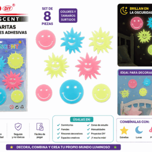 Set de 8 Soles y Caritas Sonrientes Fluorescentes Adhesivas – Colores Surtidos Set de 8 soles y caritas sonrientes fluorescentes adhesivas en colores y tamaños surtidos para decorar paredes, dormitorios y espacios creativos.