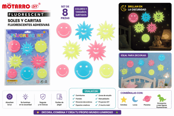Set de 8 Soles y Caritas Sonrientes Fluorescentes Adhesivas – Colores Surtidos Set de 8 soles y caritas sonrientes fluorescentes adhesivas en colores y tamaños surtidos para decorar paredes, dormitorios y espacios creativos.