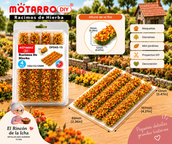 Tiras de Flores Decorativas Naranjas y Amarillas 4 Piezas para Maquetas Tiras de flores decorativas naranjas y amarillas de 4 piezas para maquetas, de aprox. 100 x 12 x 10 mm cada una
