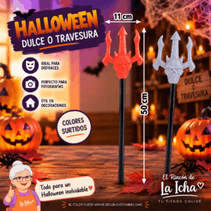 Tridente Diablo Halloween Decorativo 50 x 11 cm – Colores Surtidos Tridente diablo Halloween decorativo de 50 x 11 cm en colores surtidos para disfraces y decoración temática