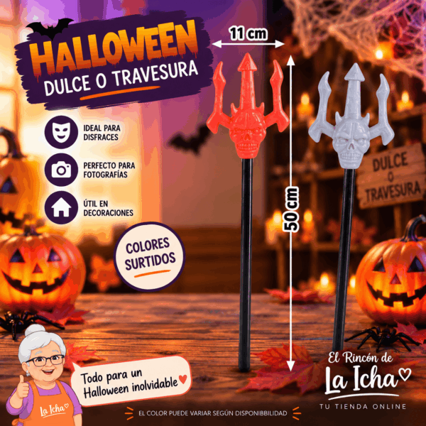 Tridente Diablo Halloween Decorativo 50 x 11 cm – Colores Surtidos Tridente diablo Halloween decorativo de 50 x 11 cm en colores surtidos para disfraces y decoración temática