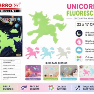 Unicornio fluorescente adhesivo de 22 x 17 cm con nube decorativa, disponible en colores surtidos para decorar paredes y espacios.
