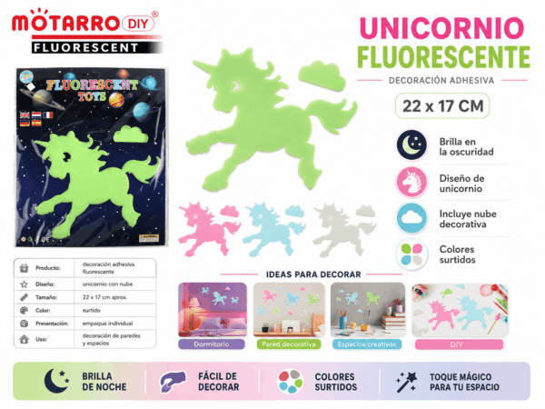 Unicornio Fluorescente Adhesivo 22 x 17 cm – Colores Surtidos Unicornio fluorescente adhesivo de 22 x 17 cm con nube decorativa, disponible en colores surtidos para decorar paredes y espacios.