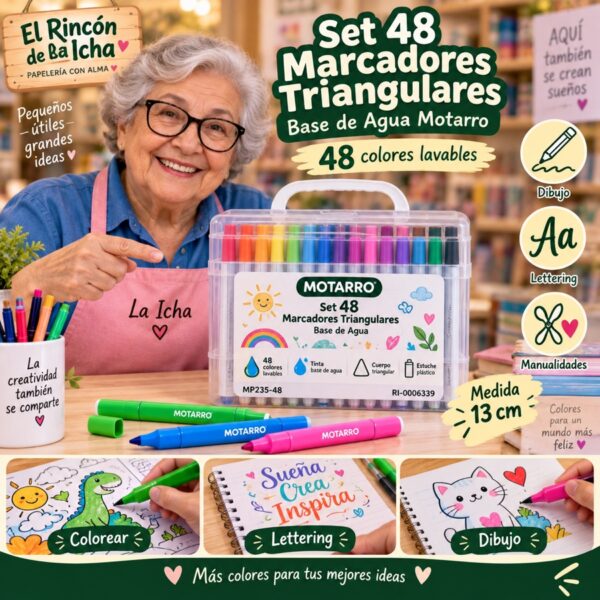 RI-0006339 Set 48 Marcadores Triangulares Base de Agua Motarro 13 cm