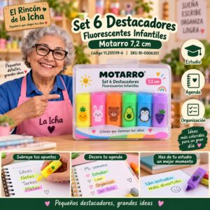 RI-0006351 Set 6 Destacadores Fluorescentes Infantiles Motarro 7,2 cm