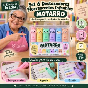 Set 6 Destacadores Fluorescentes Infantiles Motarro 7 cm
