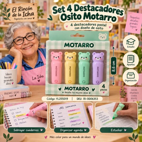 Set 4 Destacadores Osito Motarro 8,6 cm