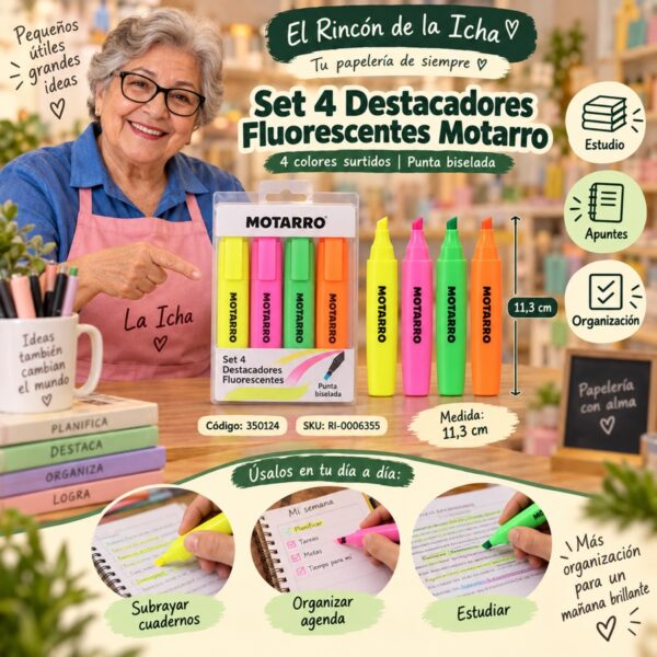 RI-0006355 Set 4 Destacadores Fluorescentes Motarro 11,3 cm