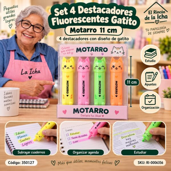 RI-0006356 Set 4 Destacadores Fluorescentes Gatito Motarro 11 cm