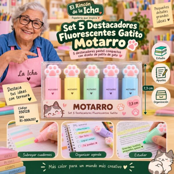 RI-0006357 Set 5 Destacadores Fluorescentes Gatito Motarro 7,3 cm