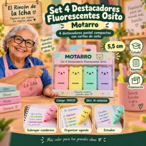 RI-0006358 Set 4 Destacadores Fluorescentes Osito Motarro 5,5 cm