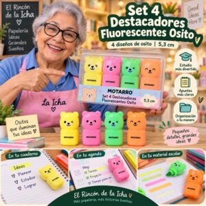 RI-0006359 Set 4 Destacadores Fluorescentes Osito Motarro 5,3 cm