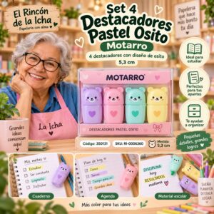 RI-0006360 Set 4 Destacadores Pastel Osito Motarro 5,3 cm
