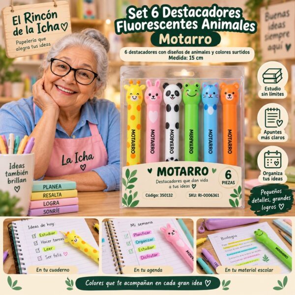 RI-0006361 Set 6 Destacadores Fluorescentes Animales Motarro 15 cm