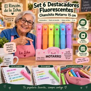RI-0006362 Set 6 Destacadores Fluorescentes Chanchito Motarro 15 cm