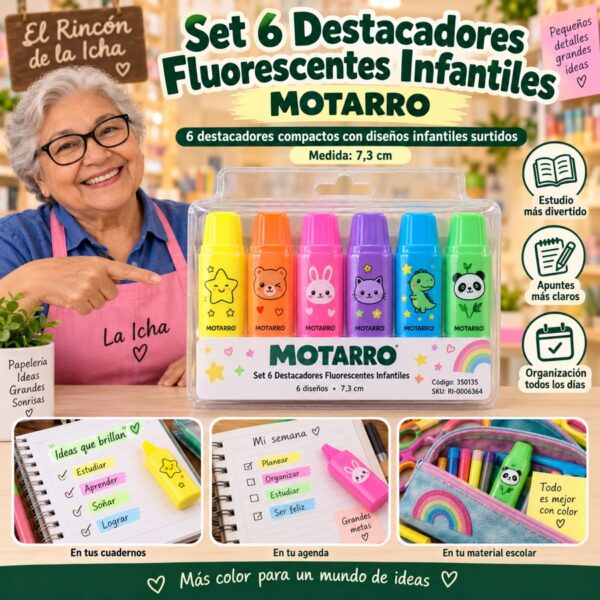 RI-0006364 Set 6 Destacadores Fluorescentes Infantiles Motarro 7,3 cm