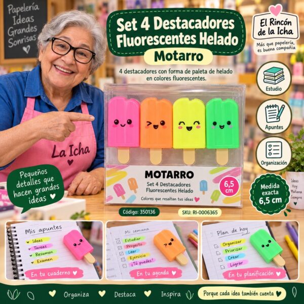 RI-0006365 Set 4 Destacadores Fluorescentes Helado Motarro 6,5 cm