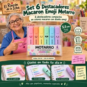 RI-0006367 Set 6 Destacadores Macaron Emoji Motarro 5,5 cm