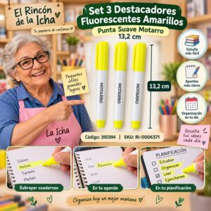 RI-0006371 Set 3 Destacadores Fluorescentes Amarillos Punta Suave Motarro 13,2 cm