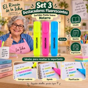 RI-0006372 Set 3 Destacadores Fluorescentes Surtidos Punta Suave Motarro 13,2 cm