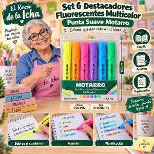 RI-0006373 Set 6 Destacadores Fluorescentes Multicolor Punta Suave Motarro 13,5 cm