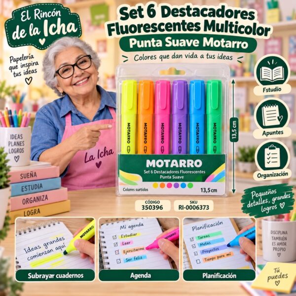 RI-0006373 Set 6 Destacadores Fluorescentes Multicolor Punta Suave Motarro 13,5 cm