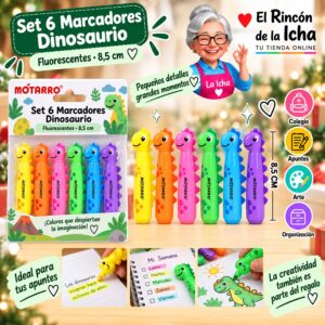Set 6 Marcadores Fluorescentes Dinosaurio Motarro 8,5 cm