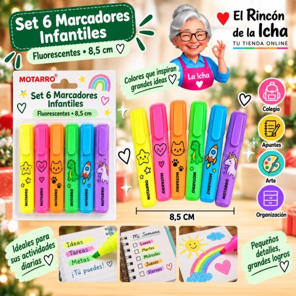RI-0006375 Set 6 Marcadores Fluorescentes Infantiles Motarro 8,5 cm