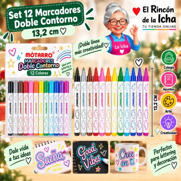 Set 12 Marcadores Doble Contorno Motarro 13,2 cm