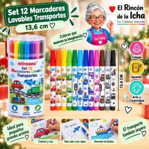 RI-0006392 Set 12 Marcadores Lavables Transportes Motarro