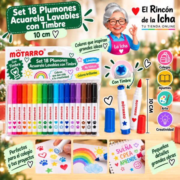 Set 18 Plumones Acuarela Lavables con Timbre Motarro 10 cm