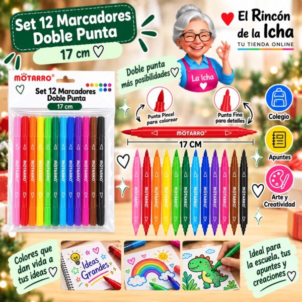 Set 12 Marcadores Doble Punta Motarro 17 cm