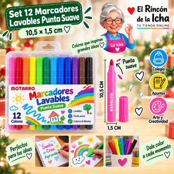 Set 12 Marcadores Lavables Punta Suave Motarro 10,5 cm