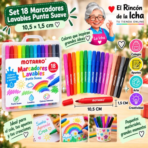 Set 18 Marcadores Lavables Punta Suave Motarro 10,5 cm
