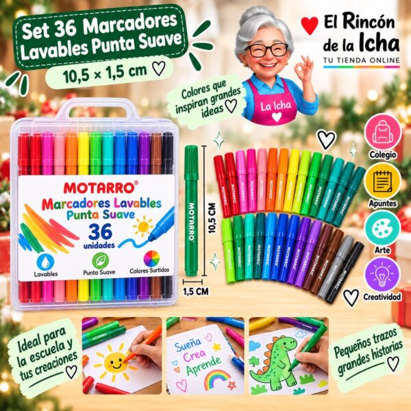Set 36 Marcadores Lavables Punta Suave Motarro 10,5 cm