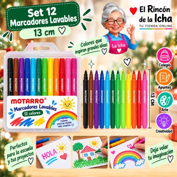 Set 12 Marcadores Lavables Motarro 13 cm
