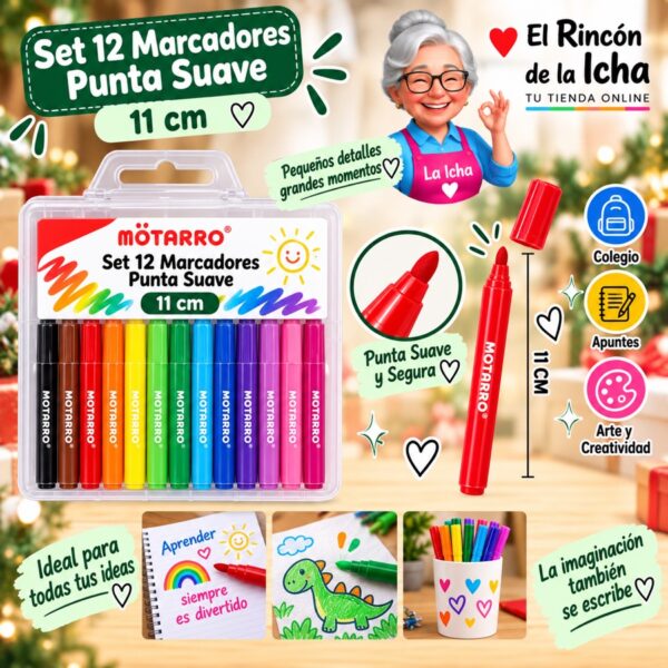 Set 12 Marcadores Punta Suave Motarro 11 cm