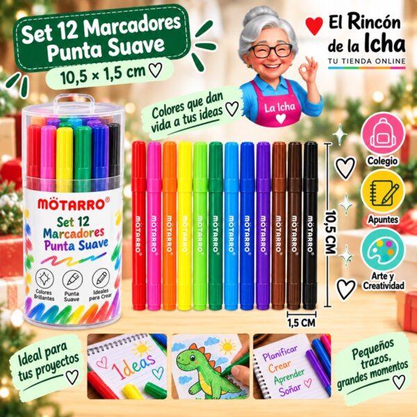 Set 12 Marcadores Punta Suave Motarro 10,5 cm