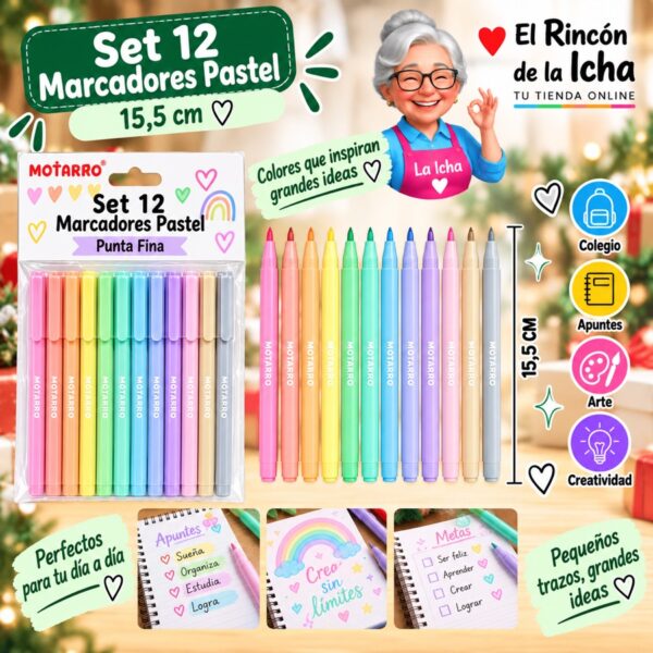 Set 12 Marcadores Pastel Motarro 15,5 cm