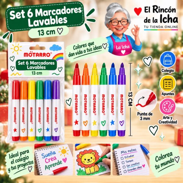 Set 6 Marcadores Lavables Motarro 13 cm