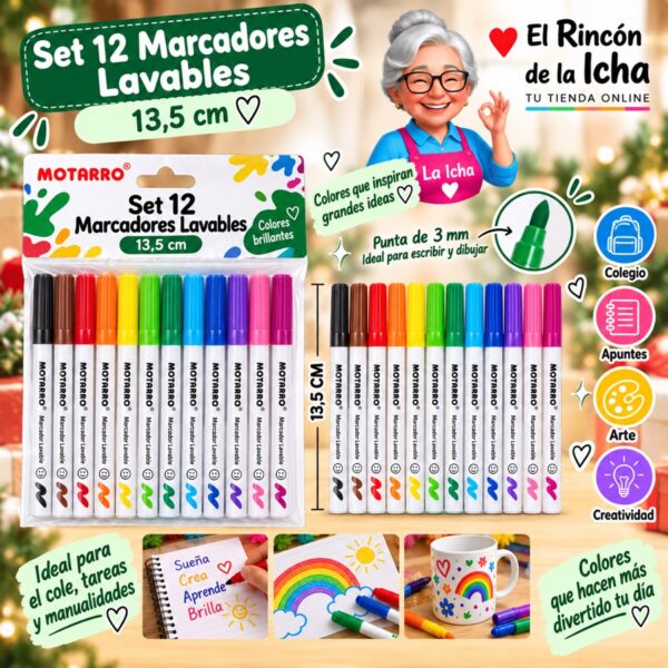 Set 12 Marcadores Lavables Motarro 13,5 cm