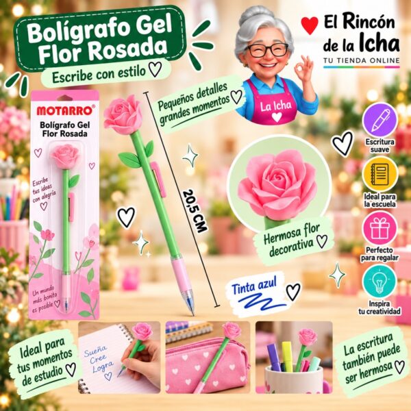 Bolígrafo Gel Flor Rosada Motarro 20,5 cm