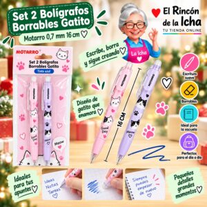 Set 2 Bolígrafos Borrables Gatito Motarro 0,7 mm 16 cm